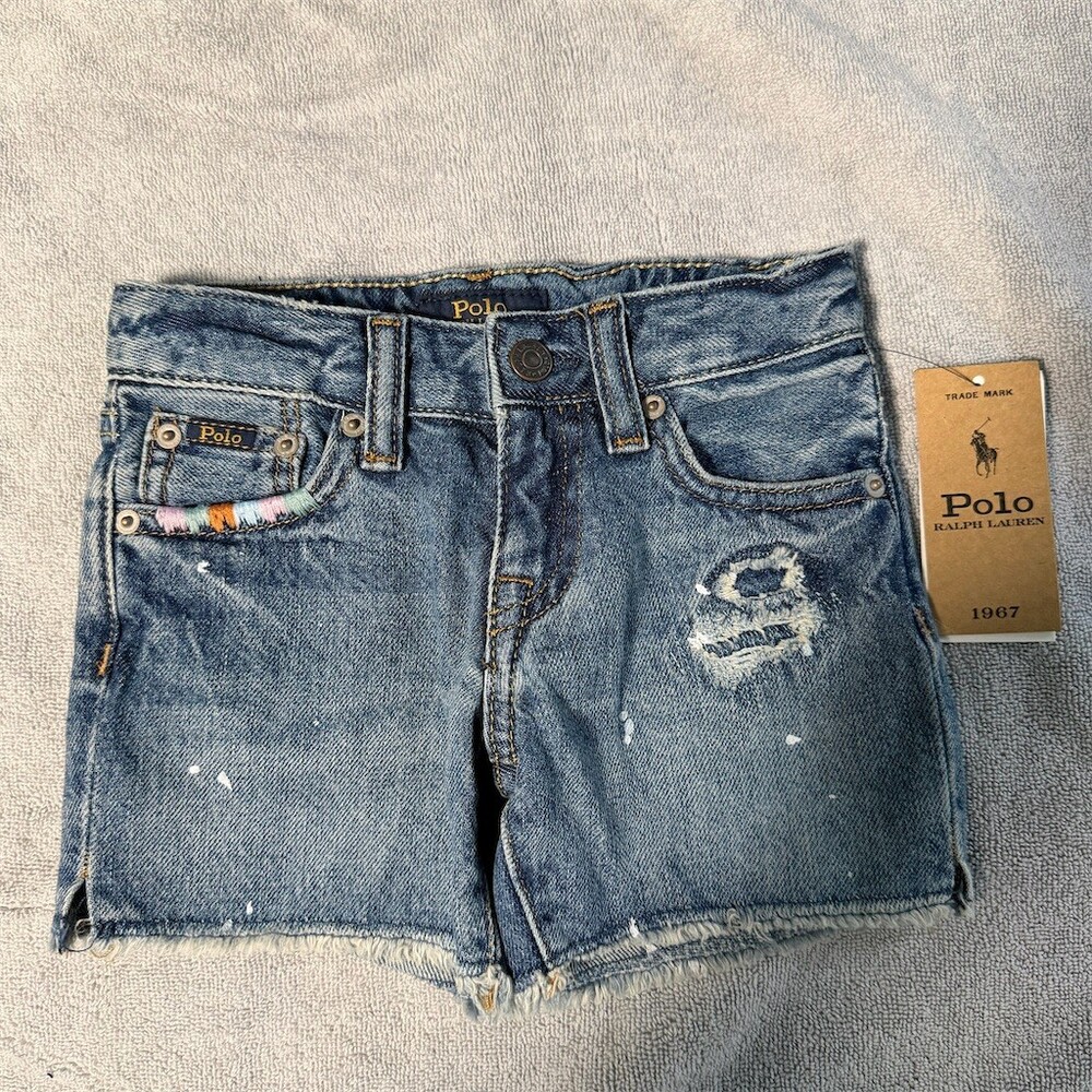Polo Ralph Lauren Girls Denim Shorts Blue Paint Splatter Distressed Size 3
